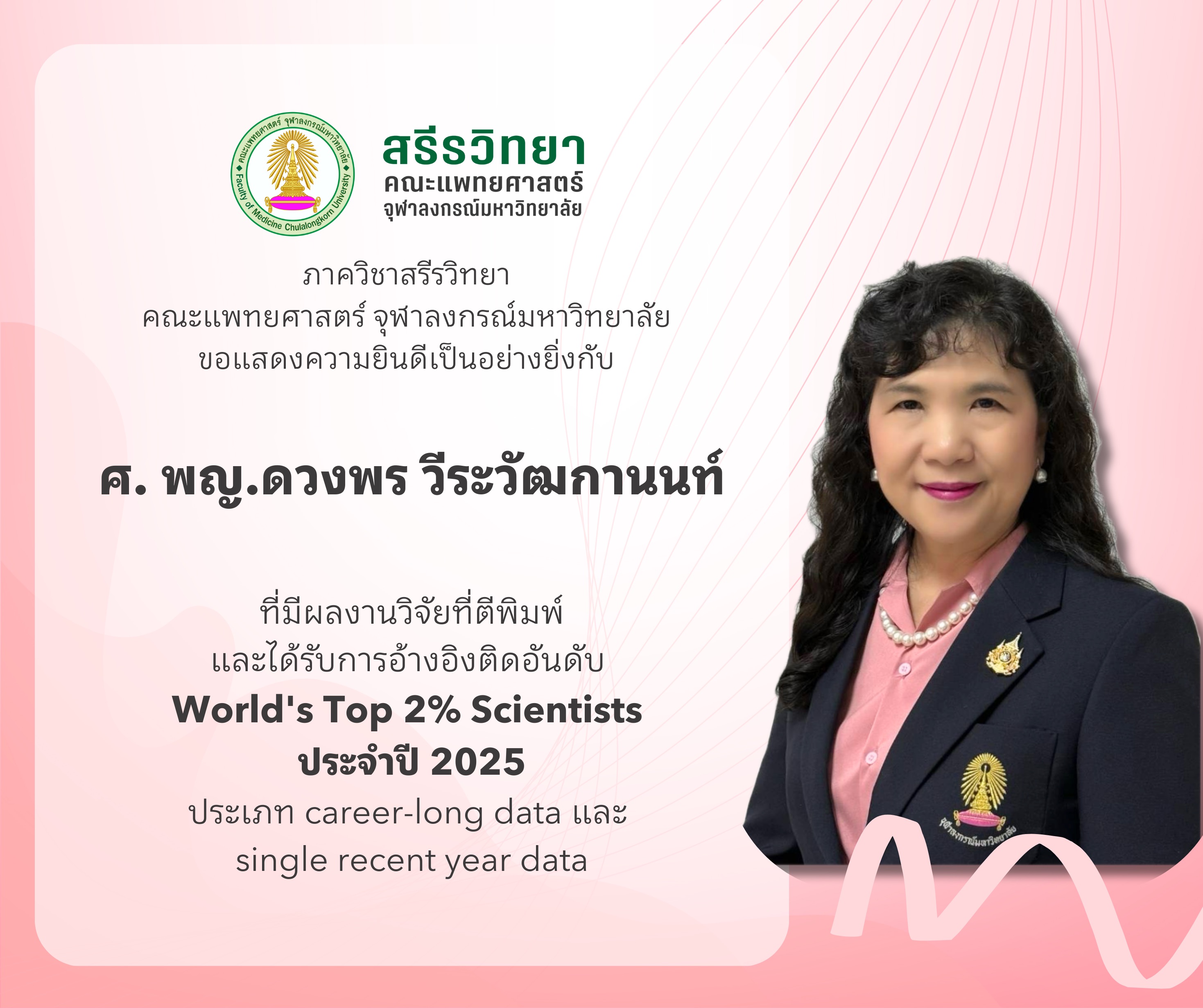 ศาสตราจารย์ แพทย์หญิงดวงพร วีระวัฒกานนท์ มีผลงานวิจัยที่ตีพิมพ์และได้รับการอ้างอิงติดอันดับ World's Top 2% Scientists ประจำปี 2025